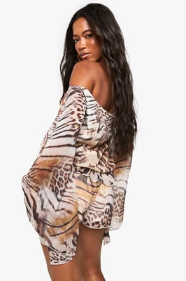 Mixed Animal Print Chiffon Kimono Sleeve Playsuit