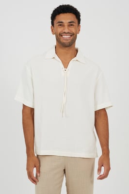 Cream Cotton Open Collar Shirt With Tie Detail