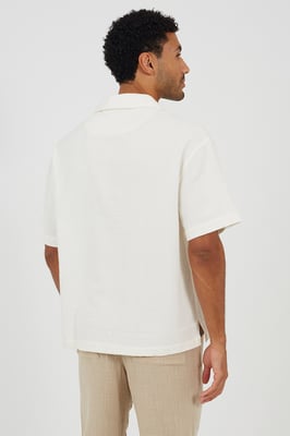 Cream Cotton Open Collar Shirt With Tie Detail
