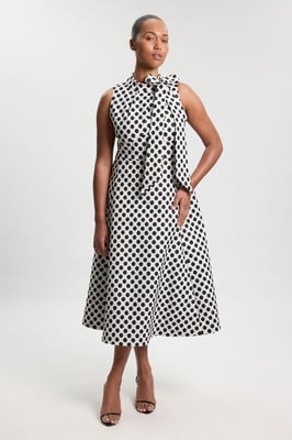 Plus Size Spot Jacquard Tailored Bow Neck Full Skirted Midi Dress