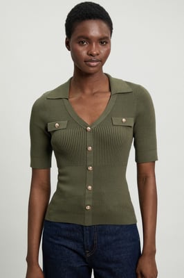 Military Trim Rib Knit Short Sleeve Collared Top