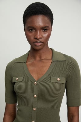 Military Trim Rib Knit Short Sleeve Collared Top