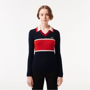 Women's Lacoste V-Neck Long Sleeve Sweater in Blue/Sunrise