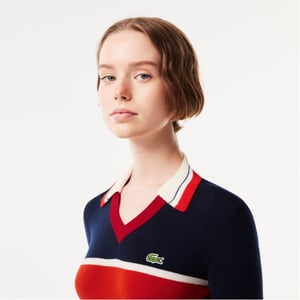 Women's Lacoste V-Neck Long Sleeve Sweater in Blue/Sunrise