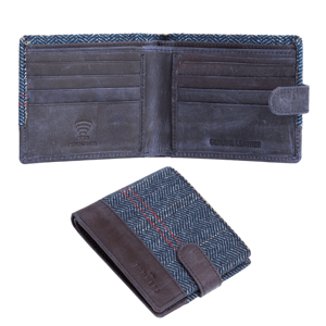 Men’s Genuine Leather RFID Wallet with Tweed Details, Navy Slim Bifold Card Holder
