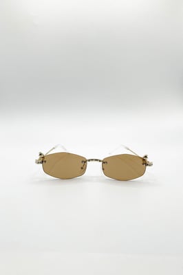 Rimless Oval Diamante Sunglasses In Brown