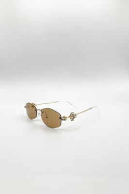Rimless Oval Diamante Sunglasses In Brown