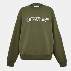 Men's Off White Lettering Crew Neck Ribbed Collar Long Sleeve Sweatshirt in Moss/White
