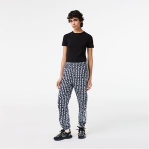 Women's Lacoste Lettering Vertical Stripe Slim Cut Joggers in Black/Blue