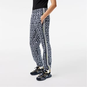 Women's Lacoste Lettering Vertical Stripe Slim Cut Joggers in Black/Blue