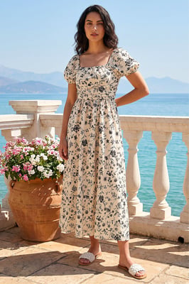 Floral Puff Sleeve Midi Dress
