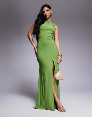 ASOS DESIGN Premium slash neck maxi dress with dramatic drape back in green