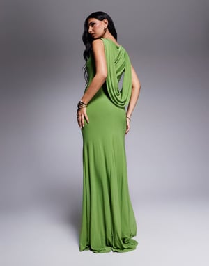 ASOS DESIGN Premium slash neck maxi dress with dramatic drape back in green