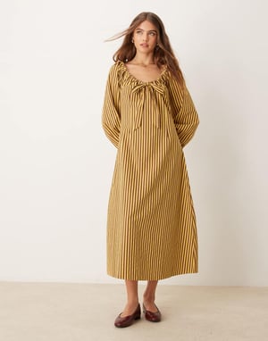 Glamorous tie front volume sleeve maxi smock dress in yellow brown stripe
