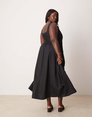 ASOS DESIGN Curve scoop neck pleat waist maxi sundress in black