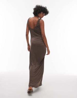 Topshop slinky scoop neck maxi dress in brown