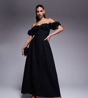 Kaiia exclusive cotton milkmaid puff sleeve hip pleat detail maxi dress in black