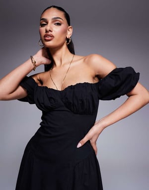 Kaiia exclusive cotton milkmaid puff sleeve hip pleat detail maxi dress in black