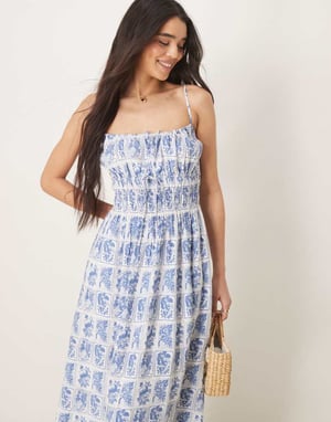 Abercrombie & Fitch flowy maxi dress in blue stamp print