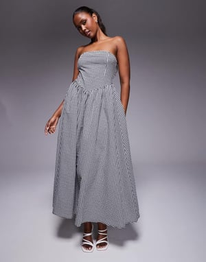 Kaiia exclusive cotton rich structured bandeau v waist maxi dress in black gingham