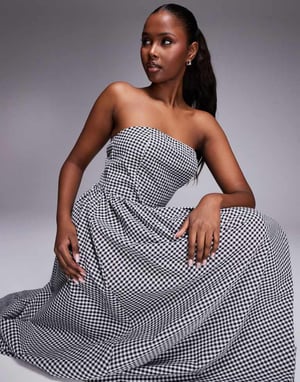 Kaiia exclusive cotton rich structured bandeau v waist maxi dress in black gingham