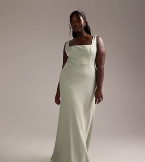ASOS DESIGN Curve Bridesmaid satin square neck maxi dress in light green