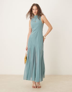 ASOS DESIGN high neck maxi dress with chiffon godets in washed blue