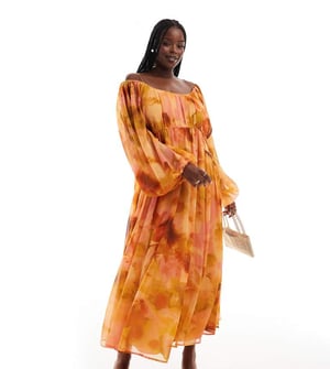 ASOS DESIGN Curve scoop neck shirred waist insert maxi dress in orange floral print