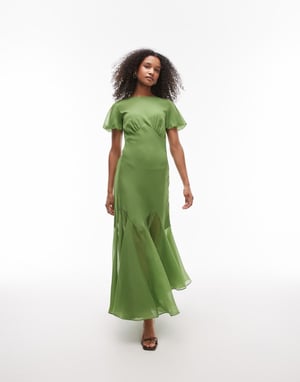 Topshop ruffle sleeve volume hem maxi dress in olive
