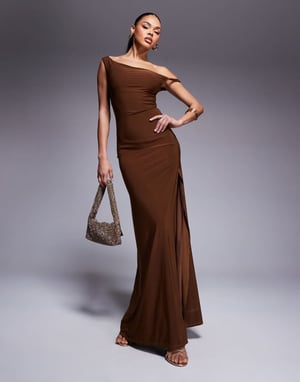 ASOS DESIGN twist shoulder with lace up back maxi dress in bronze