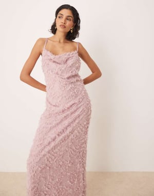 Vila cowl neck textured cami maxi dress in rose pink