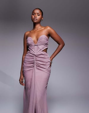 ASOS DESIGN corset detail plunge ruched maxi dress with cut out in mauve