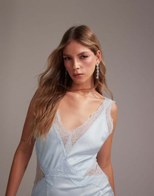 ASOS DESIGN Bridesmaids plunge neck lace detail satin column maxi dress in in light blue