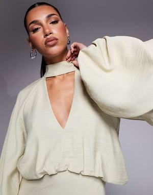 ASOS DESIGN high neck plunge maxi dress with blouson sleeves in soft green