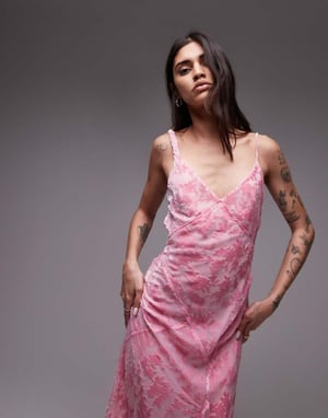 Topshop burn out twist shoulder maxi dress in pink
