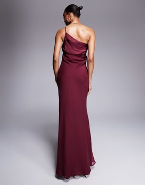 ASOS DESIGN Tall satin chiffon mix draped one shoulder maxi dress in burgundy