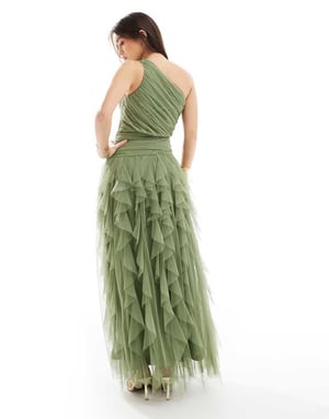 Lace & Beads Bridesmaid one shoulder waterfall ruffle maxi dress in soft olive