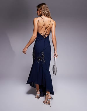ASOS DESIGN cowl floral embellished maxi dress with cowl detail in midnight blue