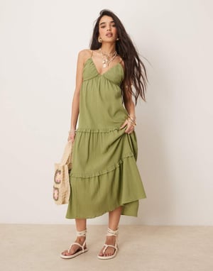 ASOS DESIGN crinkle cami maxi sundress in olive - KHAKI