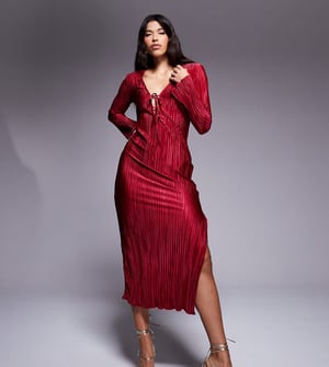 In The Style exclusive tie front plisse maxi dress in burgundy