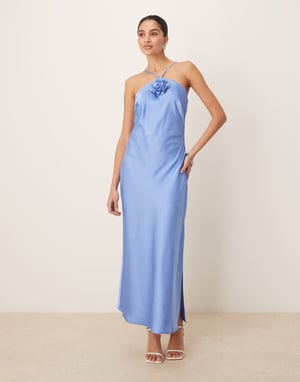 YAS halter neck satin maxi dress with corsage detail in provence blue