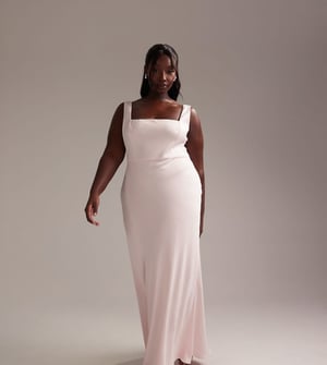 ASOS DESIGN Curve Bridesmaid satin square neck maxi dress in soft pink
