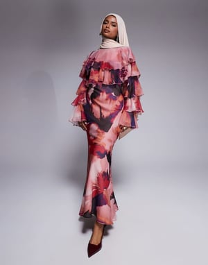 ASOS DESIGN tiered ruffle overlay bias maxi dress in abstract print