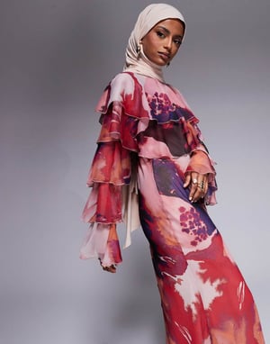 ASOS DESIGN tiered ruffle overlay bias maxi dress in abstract print