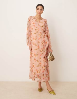 Vila dobby wrap maxi dress with frill detail in rose floral print