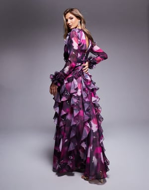 ASOS LUXE organza long sleeve exaggerated ruffle maxi dress in dark floral