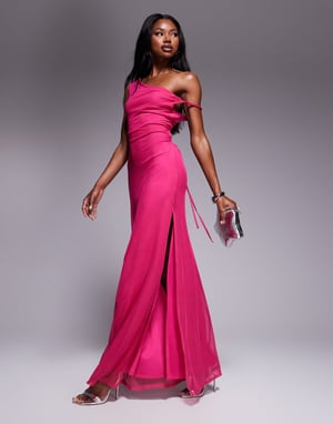 ASOS DESIGN twist shoulder with lace up back mesh maxi dress in pink