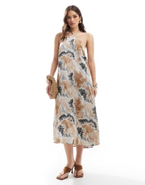 Object satin halter maxi dress in neutral tie dye print