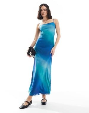 JJXX mesh maxi dress in blue ombre print