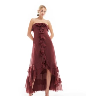 ASOS DESIGN Lång bardot volang avskuren maxiklänning i burgundy